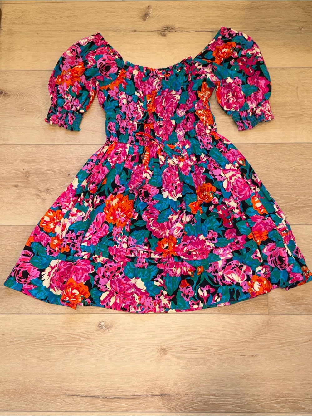 Chelsea & Violet Teal, Pink & Orange Floral Puff Sleeve Cottagecore Mini Dress
